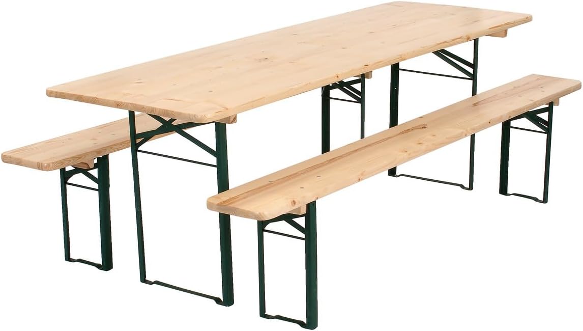 METRO Professional Bierzeltgarnitur 3 teilig - Biertisch 220 x 70 cm und 2 Bierbänke 220 x 25 cm - Klappbar - Naturbraun Grün