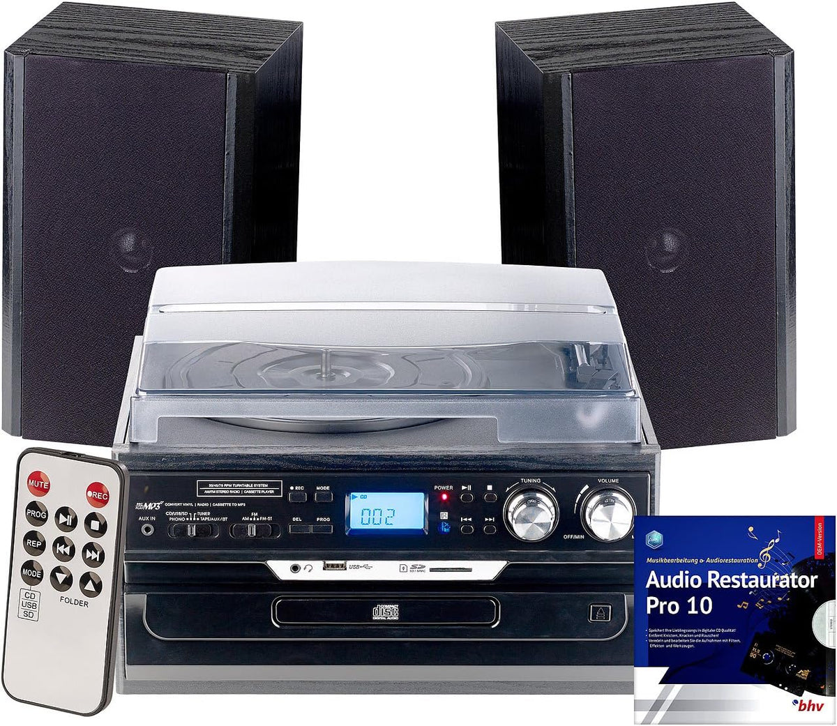 auvisio MHX 600 bt 5 in 1 Stereoanlage - Plattenspieler CD Kassette Bluetooth und Digitalrecorder - 40 Watt - Schwarz