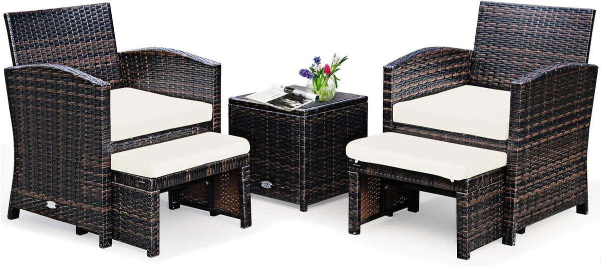 GIANTEX Rattan Gartenmöbel Set 5 teilig - 2 Rattansessel mit Hocker und Tisch - Lounge Möbel für Balkon Terrasse und Garten - Weiße Kissen