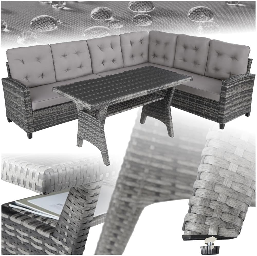 tectake Rattan Gartenbank mit Esstisch - Wetterfeste Eckbank als Outdoor Lounge und Sitzecke - Gartenmöbel für Balkon Wintergarten und Terrasse - Grau