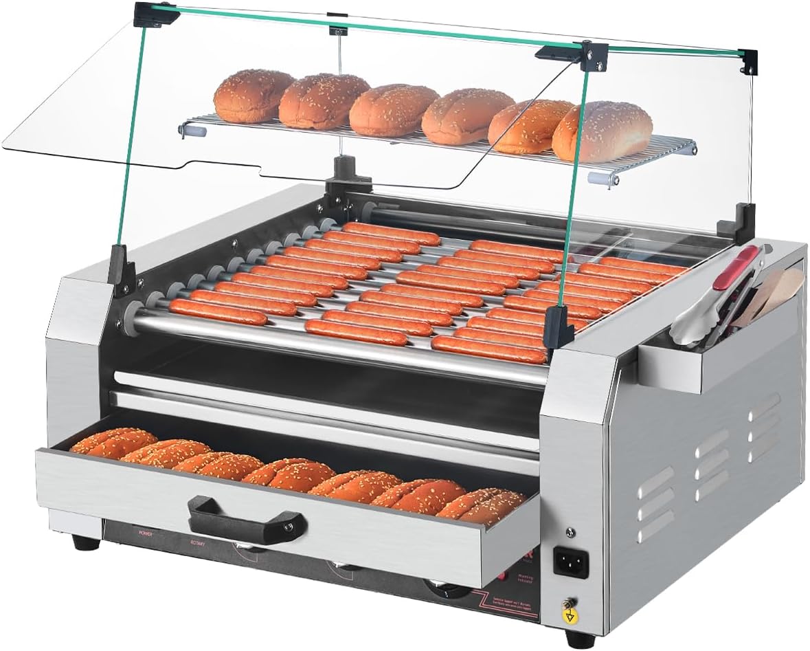 VEVOR Hot Dog Maschine 2400 W mit 11 Rollen - Brötchenwärmer und Glasabdeckung - 3 Temperaturregler und Aufbewahrungsbox - Edelstahl Elektrogrill Silber