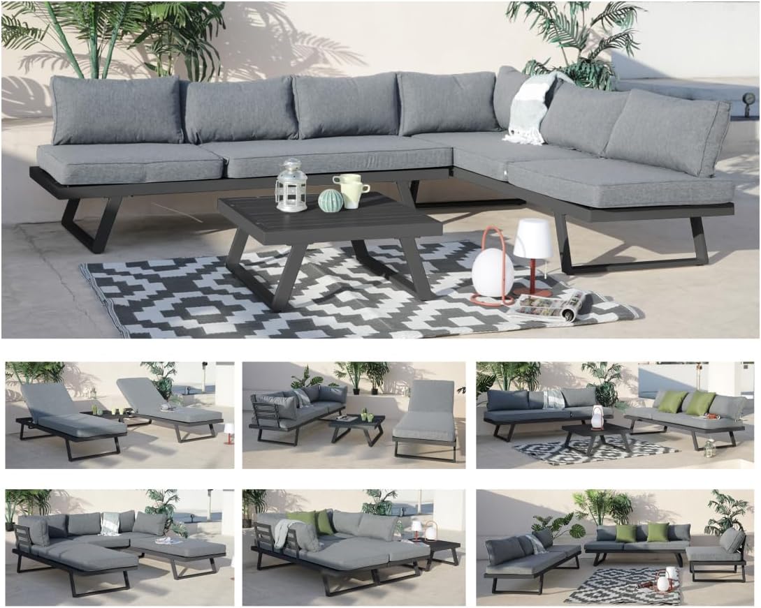 ALEOS Aluminium Gartenlounge Cancun - Für 4 Personen mit Kissen - Multifunktionslounge Grau - Moderne Loungeecke für Garten Terrasse