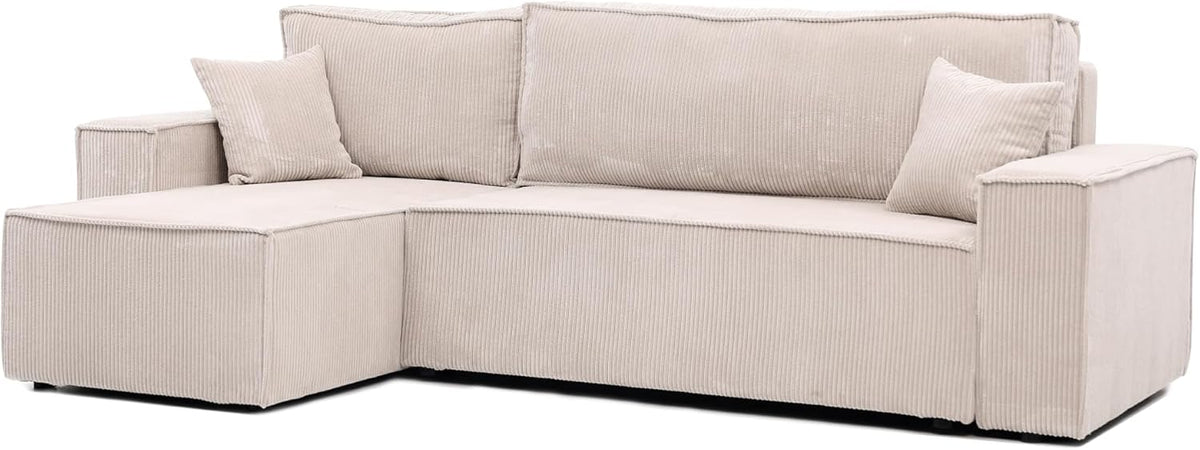 Cord Ecksofa 244 x 155 x 84 cm - 3 Sitzer Schlafsofa mit Bettkasten - Liegefläche 200 x 125 cm - Beige