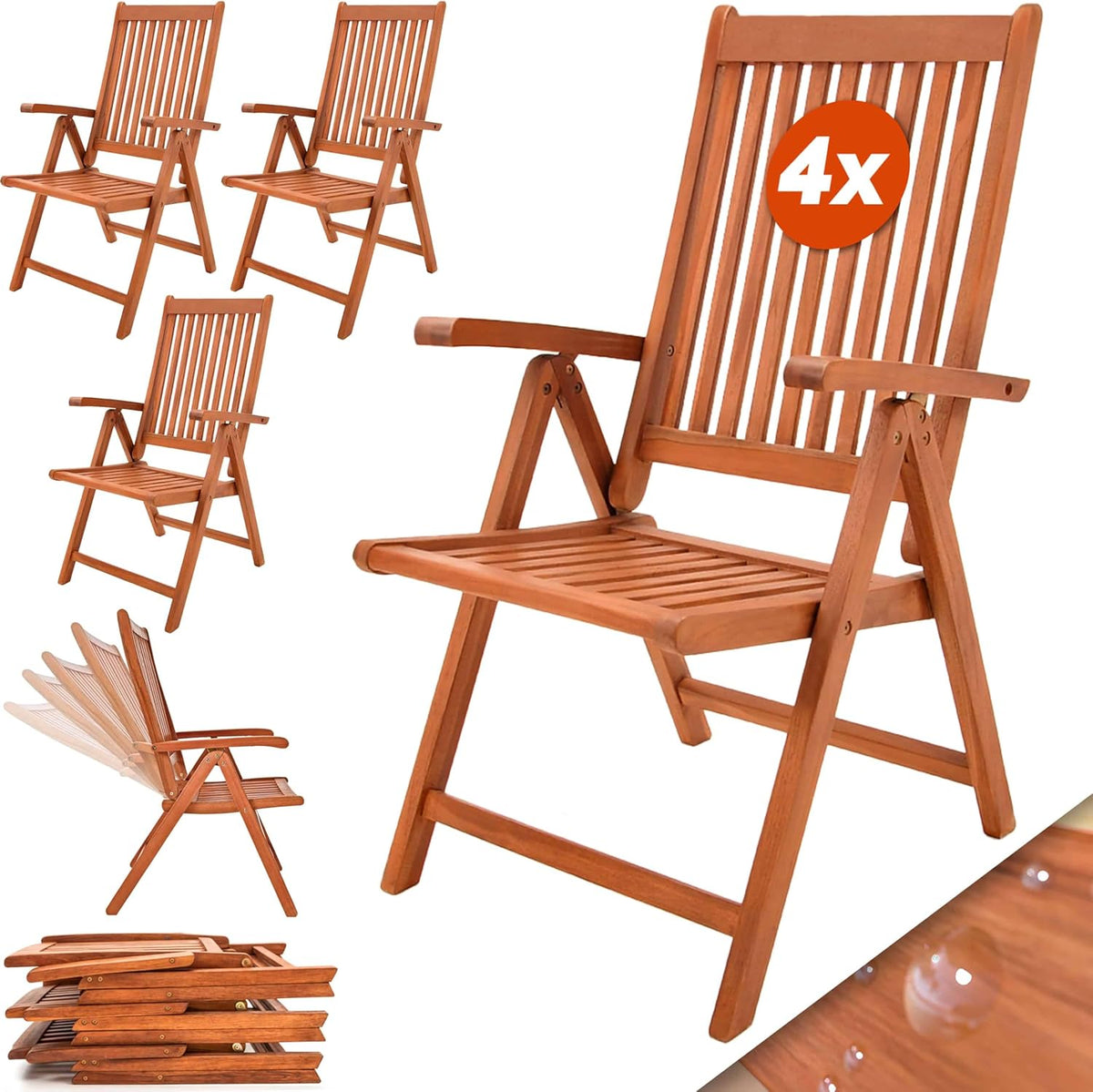 Casaria Gartenstuhl Set 4 teilig klappbar - Eukalyptusholz mit Armlehnen 5 fach verstellbar - bis 160 kg belastbar - Braun