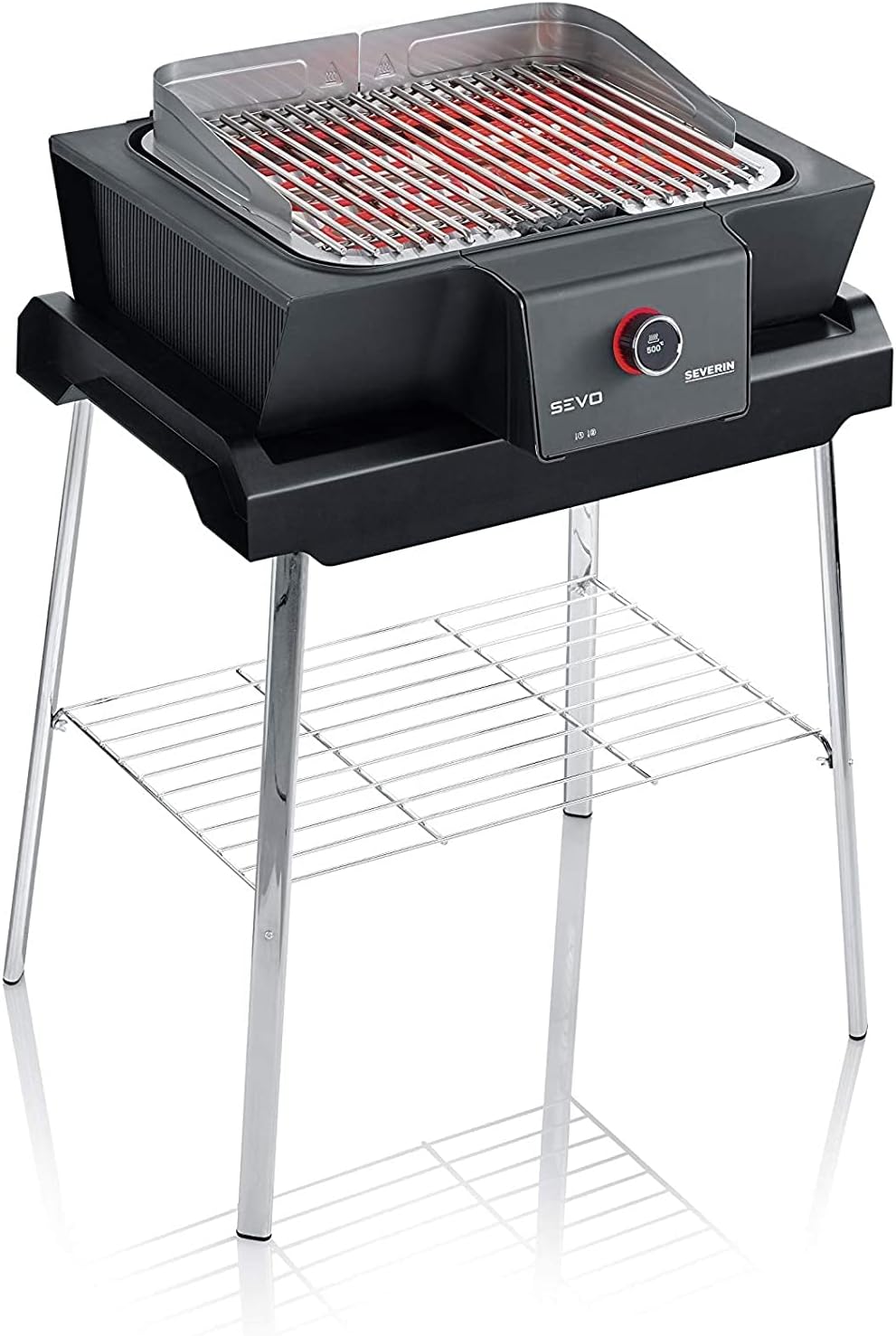 SEVERIN SEVO GS Elektrogrill PG 8119 - Bis zu 500 Grad Grilltemperatur - Slow Cooking Funktion mit Untergestell - Für Innen und Außen Edelstahl Schwarz