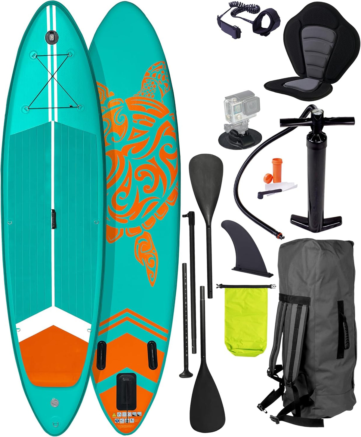 Stand Up Paddle Board 320 x 81 x 15 cm - aufblasbares SUP aus PVC in Türkis - 2 in 1 Paddel mit Kajaksitz - Set mit Action Cam Halterung Fußschlaufe und Rucksack