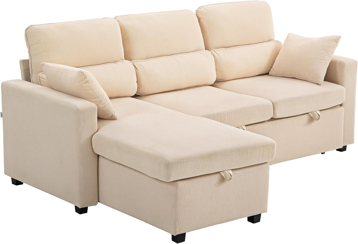 HOMCOM Ecksofa mit Schlaffunktion - L Form 3 Sitzer mit Bettkasten - Cordoptik mit Kissen und 400 kg Belastbarkeit - Schlafcouch Beige
