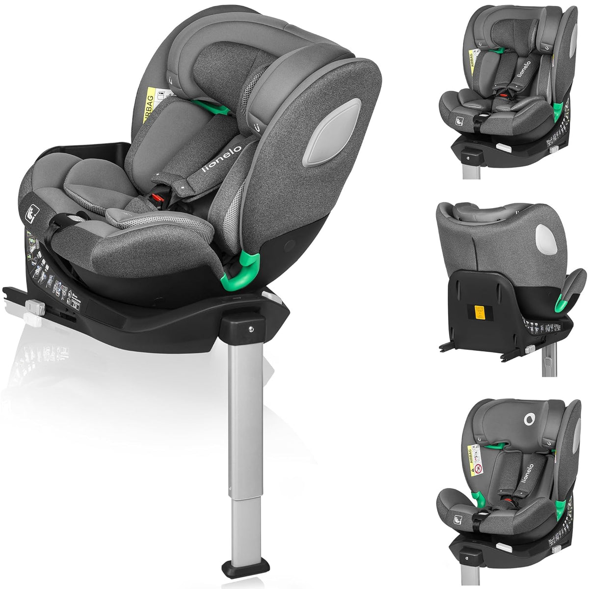 LIONELO BRAAM i Size Kindersitz 360 Grad drehbar - 0 bis 36 kg - ISOFIX Stützfuß mit verstellbarer Kopfstütze Grau