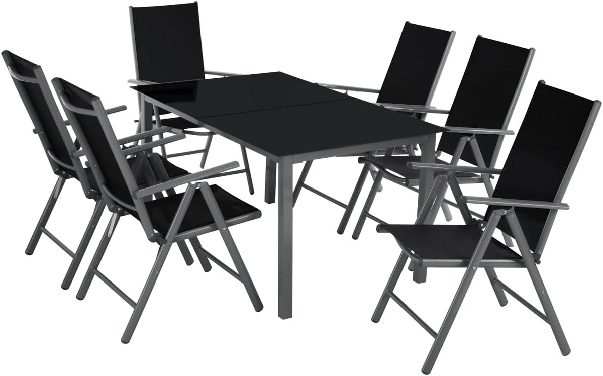 tectake Aluminium Gartenmöbel Set - 6 Klappstühle und 1 Glastisch - Für 6 Sitzplätze mit wetterfester Konstruktion - Anthrazit für Garten Terrasse Balkon