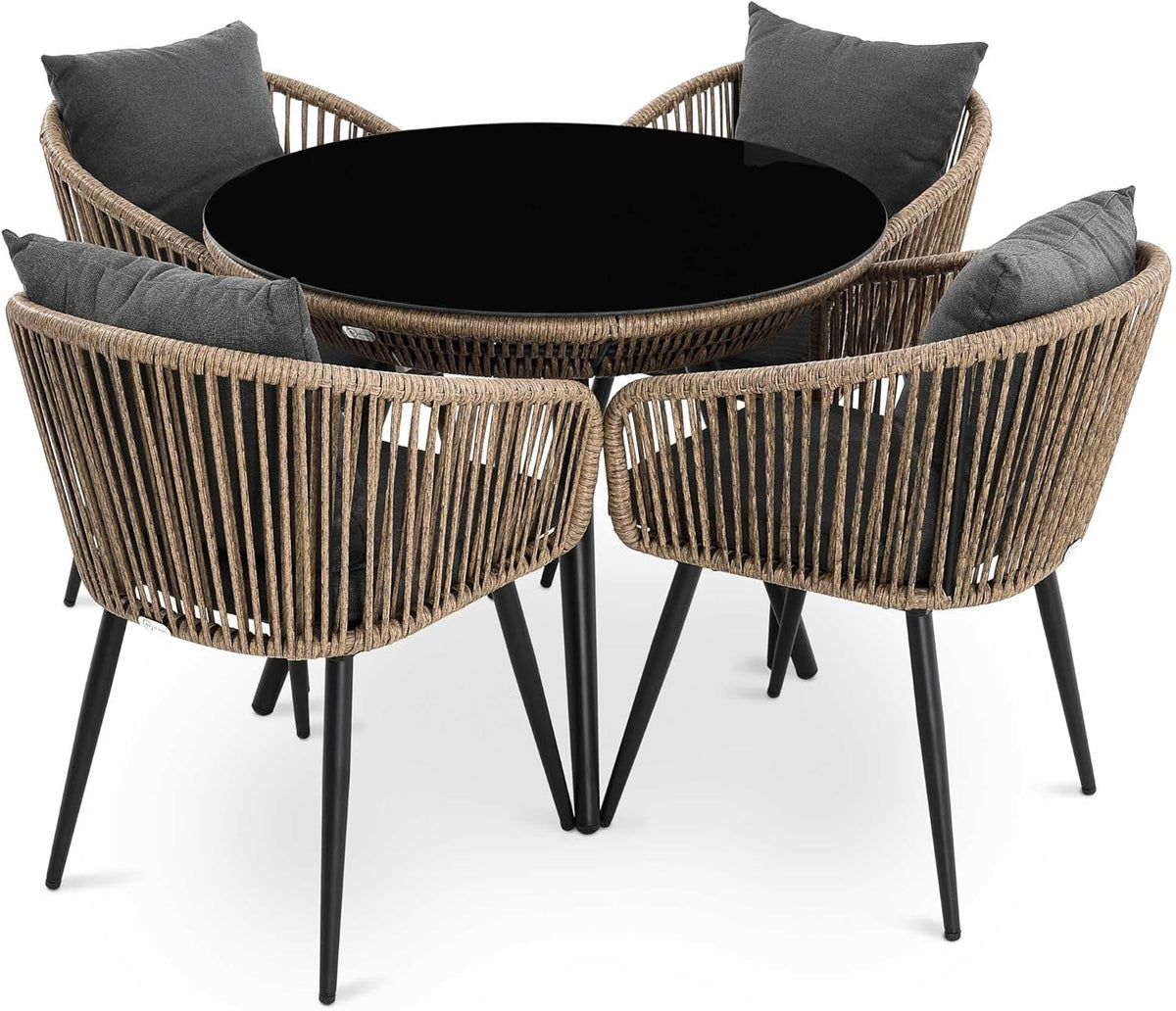 di volio Gartenmöbel Set RIETI - Für 4 Personen - 4 Stühle und Couchtisch - Beige Grau Polyrattan Stahl für Terrasse Garten