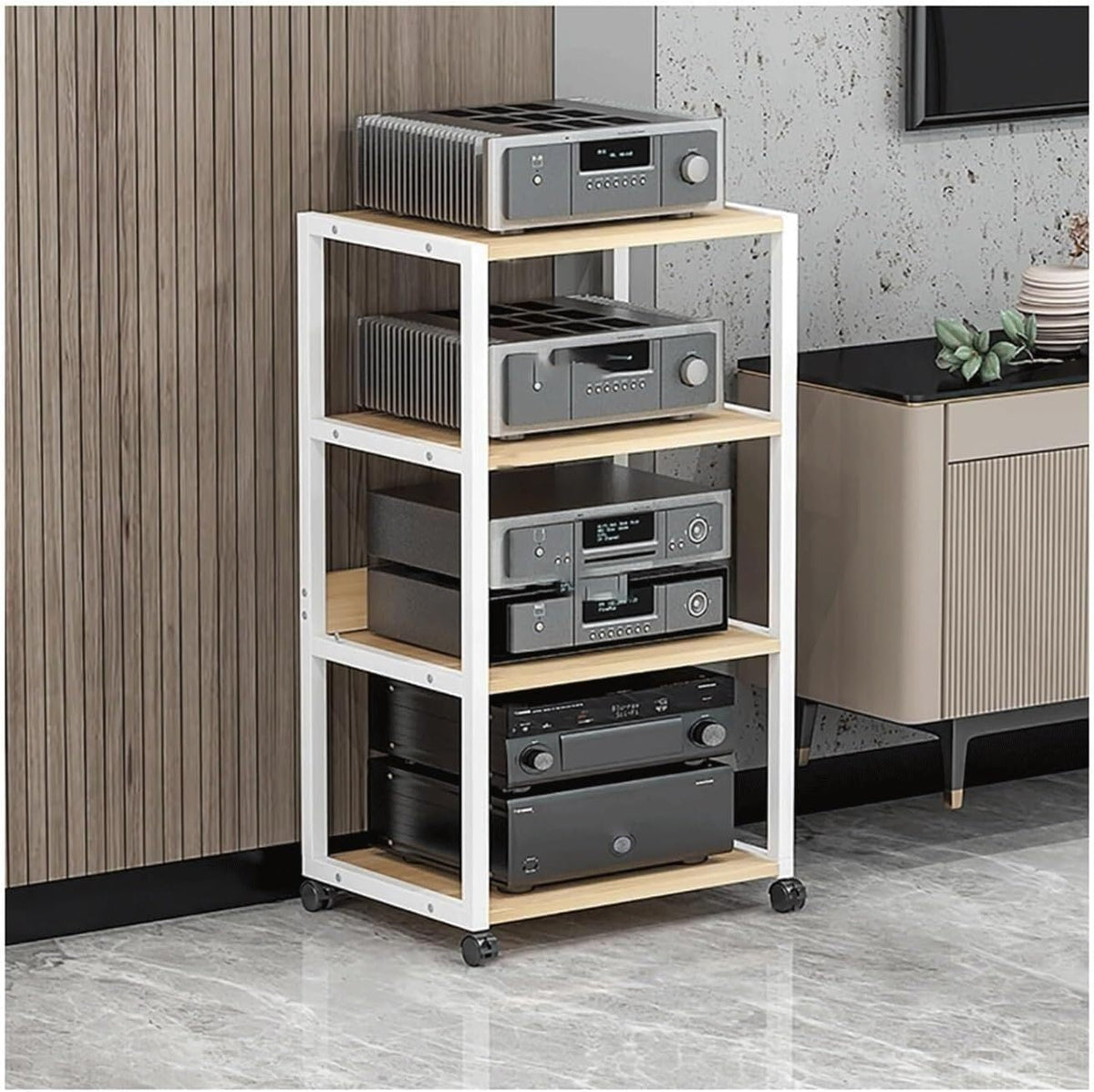 Audio Rack Ständer mit Rollen 100 cm - Stahlrahmen und Holz Medienständer - Beweglicher Audio Video Turm für Stereo Komponenten - Weiß