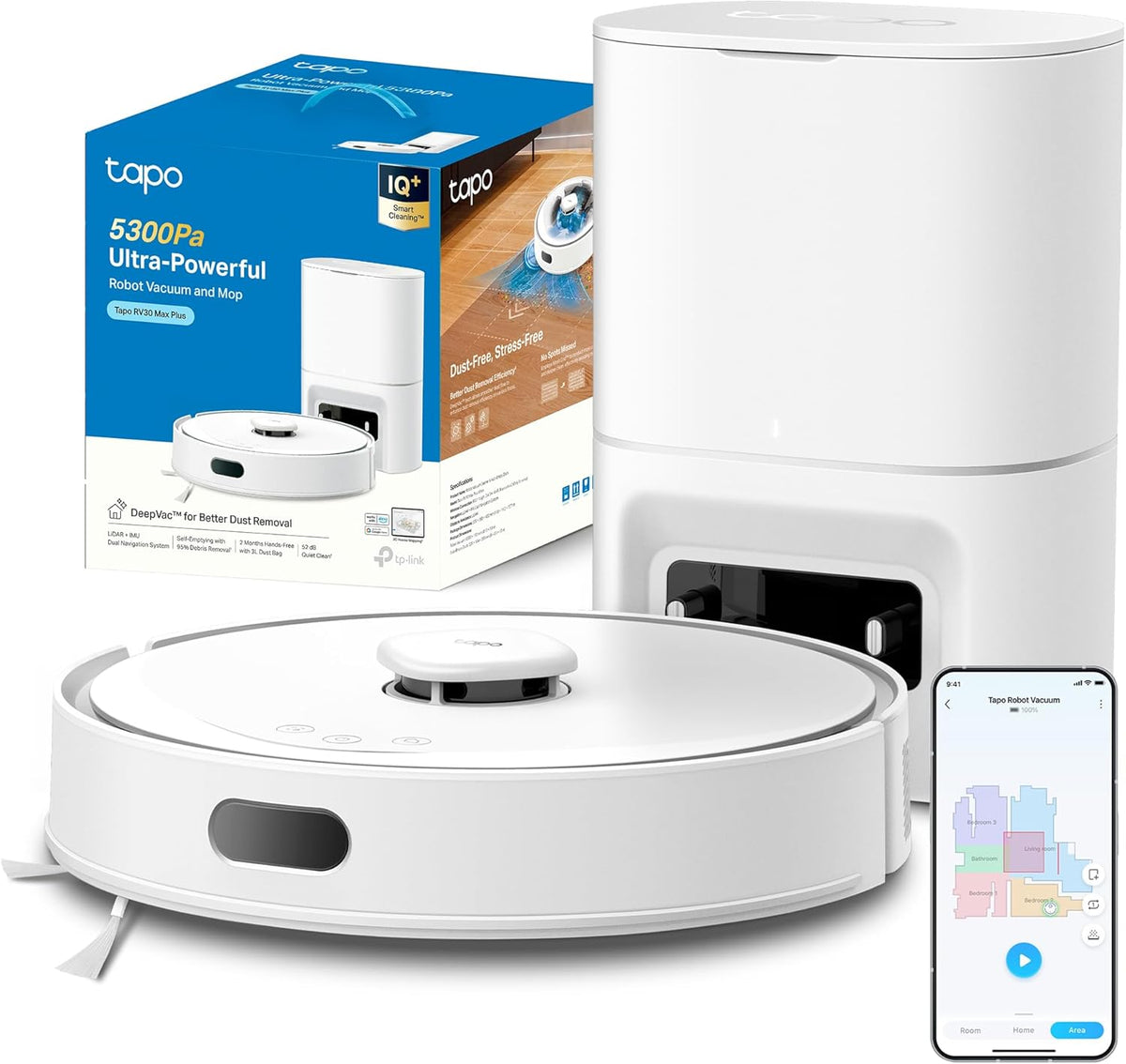 Saugroboter mit Wischfunktion RV30 Max Plus - 5300 Pa Saugkraft - LiDAR IMU Dual Navigation - automatische Absaugstation und Sprachsteuerung