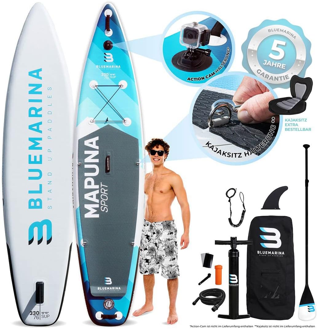 Bluemarina Mapuna SUP Board 330 x 76 x 16 cm - Aufblasbares Stand Up Paddle Board aus PVC - Bis 200 kg belastbar - Weiß Blau für Wassersport und Touren