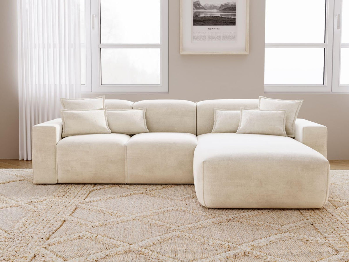 GRAINGOLD Leni Ecksofa - 265 x 180 x 74 cm für 3 Personen - Beige Geflechtstoff mit gepolstertem Sitz - Moderne L Form Couch rechts