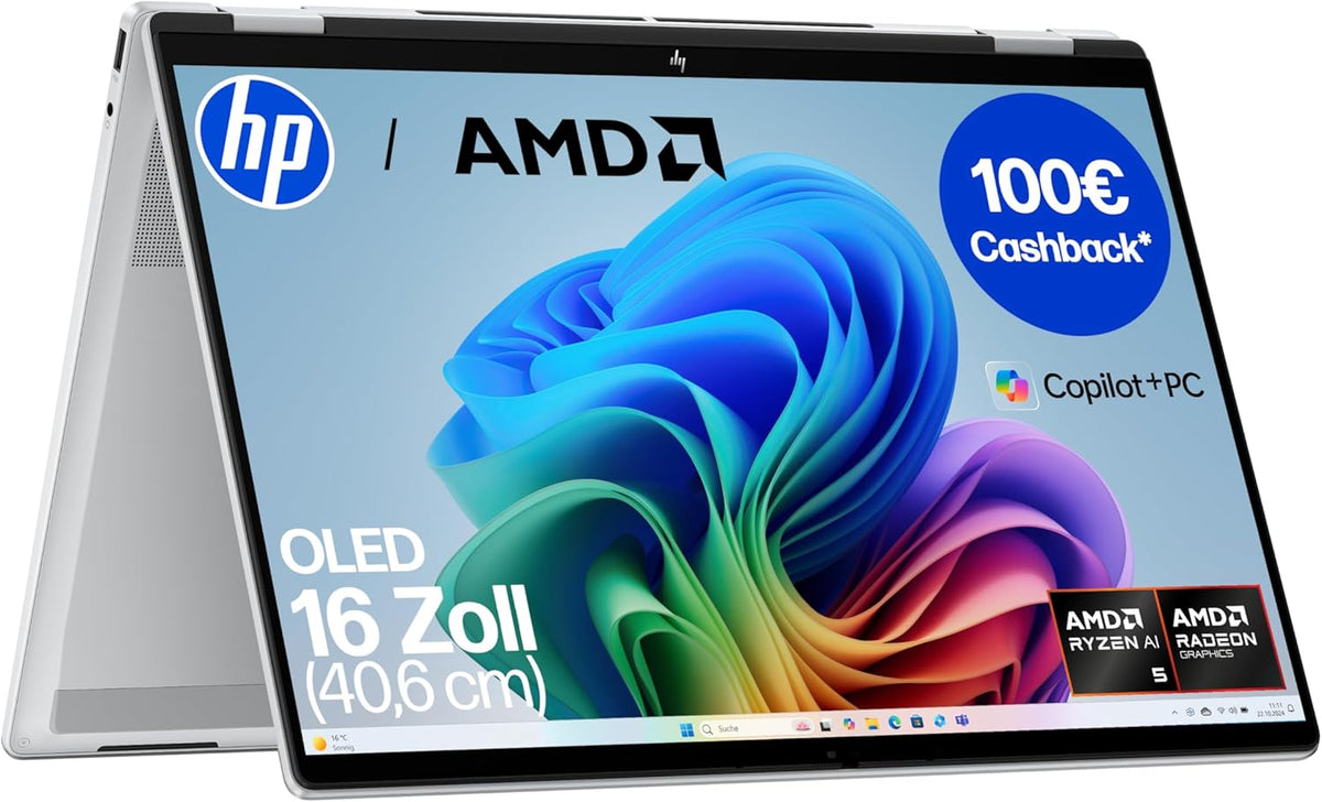 HP OmniBook X Flip 2in1 AI Laptop - 16 Zoll WUXGA Touchscreen und Ryzen AI 5 340 - 16 GB RAM und 512 GB SSD - Radeon 840M Copilot PC Windows 11 Silber