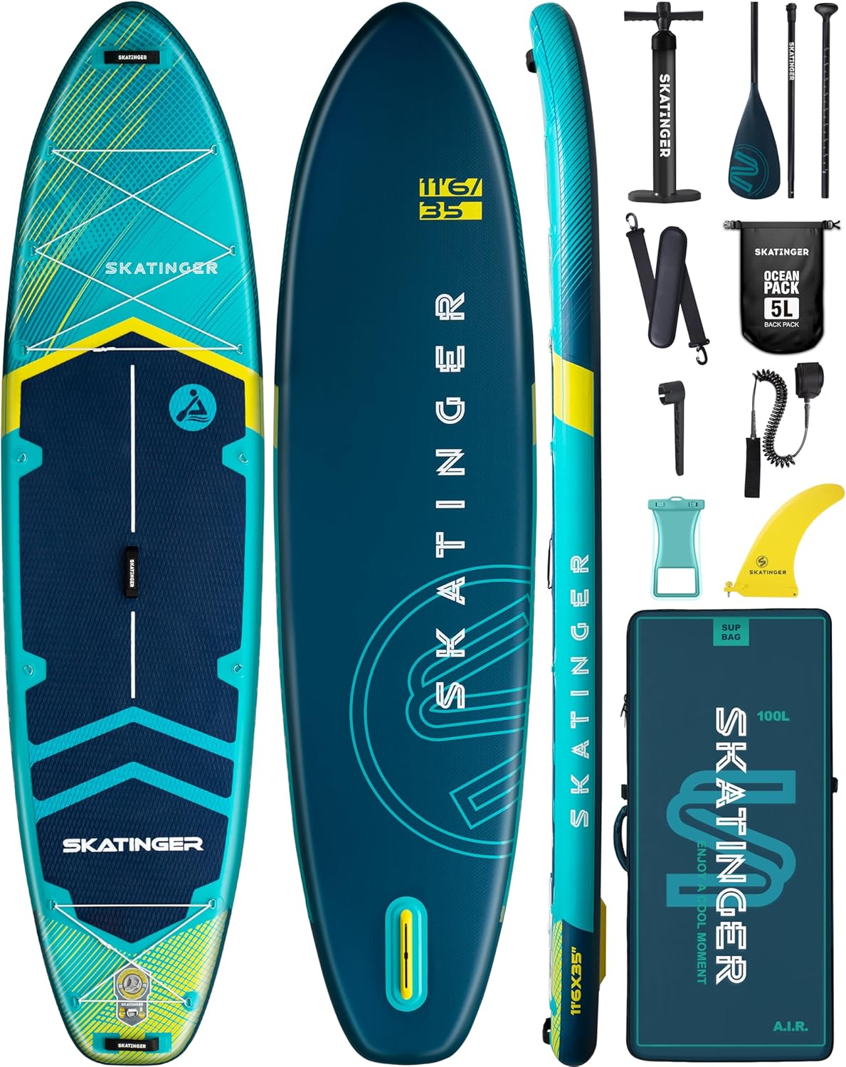 Skatinger Aufblasbares SUP Board 289 x 86,4 x 15,2 cm - Stand Up Paddle Board für Yoga und Freizeit - PVC EVA Paddleboard mit Rucksack D Ringen und Finne