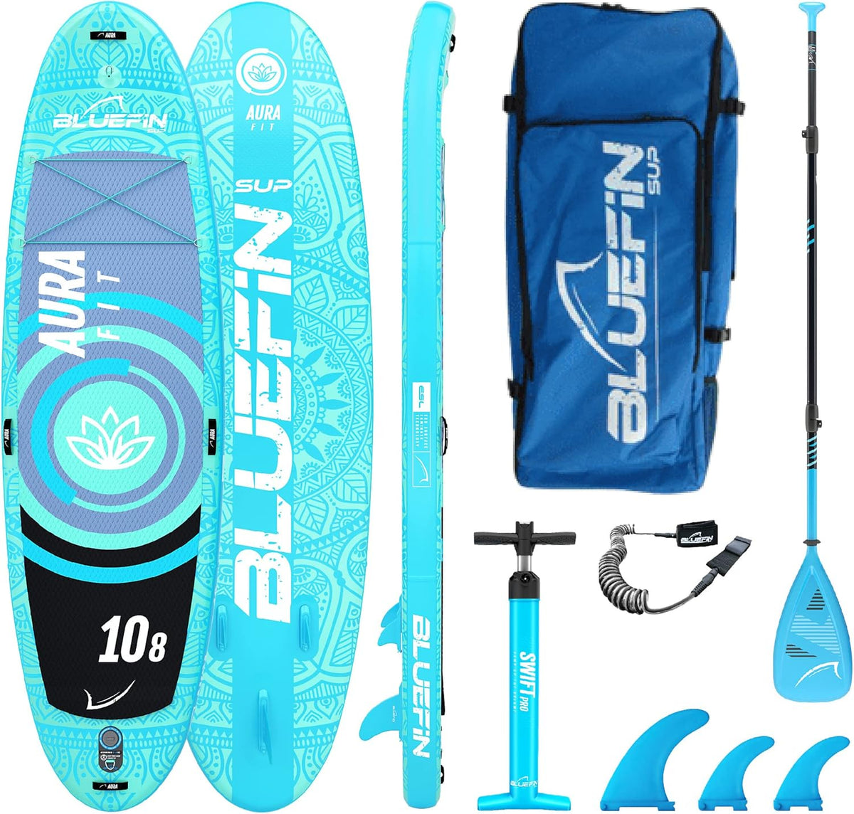 Stand Up Paddle Board Aura FIT - 6 Zoll starkes SUP aus Kunststoff in Blau - für Fitness Yoga und Aqua Fitness - Set mit Fiberglas Paddel und Zubehör