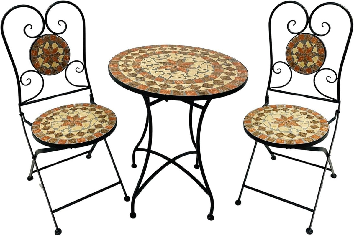 3 teiliges Bistroset Balkonset - Klappbares Gartenmöbel Set aus Metall - Runder Mosaik Bistrotisch mit 2 Stühlen - Balkon Terrasse Caspian