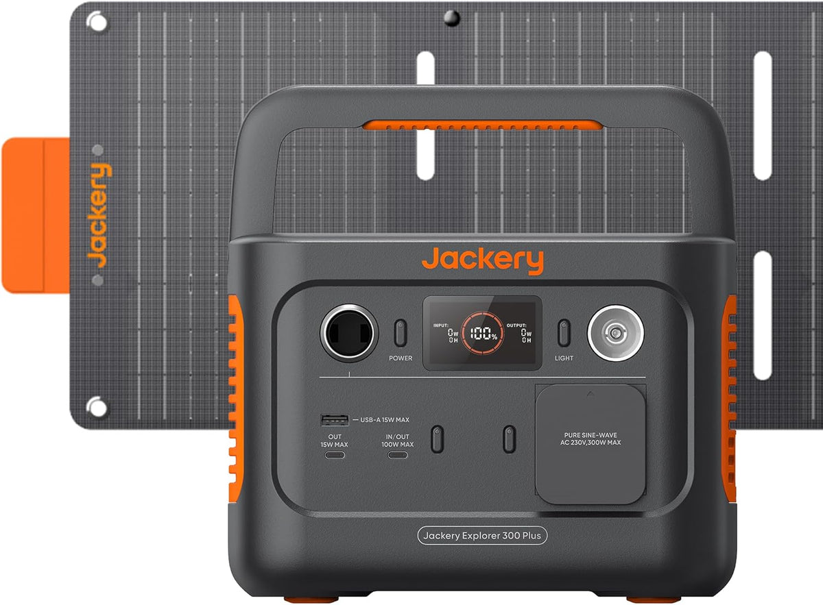 Jackery Solargenerator 300 Plus mit 40W Solarmodul - 288Wh LiFePO4 Powerstation - 300W Ausgang bei 230V - Tragbarer Stromspeicher für Camping Outdoor Notfall