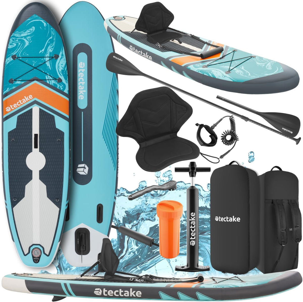 Stand Up Paddle Board aufblasbar - SUP aus PVC in Türkis Orange - bis 200 kg mit Kajaksitz und Doppelpaddel - Set mit Pumpe Finnen und Rucksack