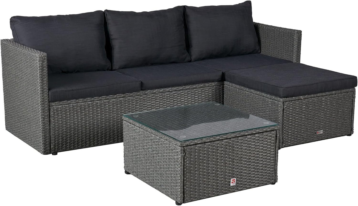 LC Garden Loungino Polyrattan Lounge - Für 3 bis 4 Personen - Ecksofa Tisch Hocker - Grau Mix 190 x 125 x 60 cm für Balkon Terrasse