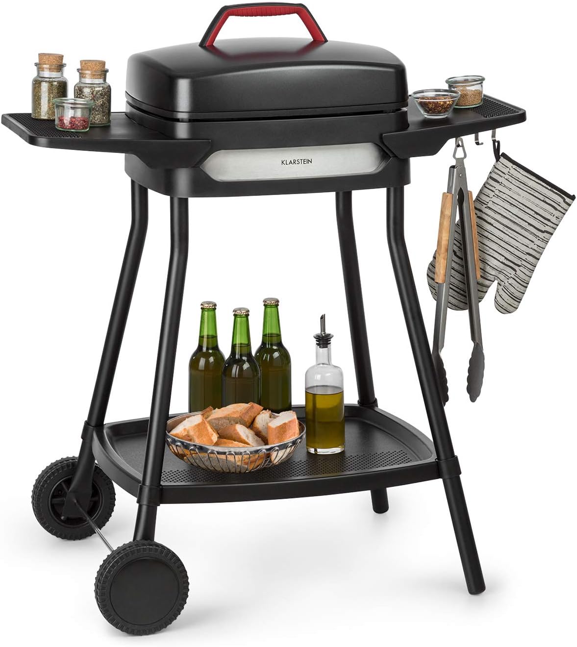 Elektrogrill Gatsby 85 x 55 x 100 cm - 2000 Watt Leistung und Grillfläche 40 x 36 cm - Aluminiumdruckguss mit Antihaftbeschichtung - zwei Seitentische Schwarz