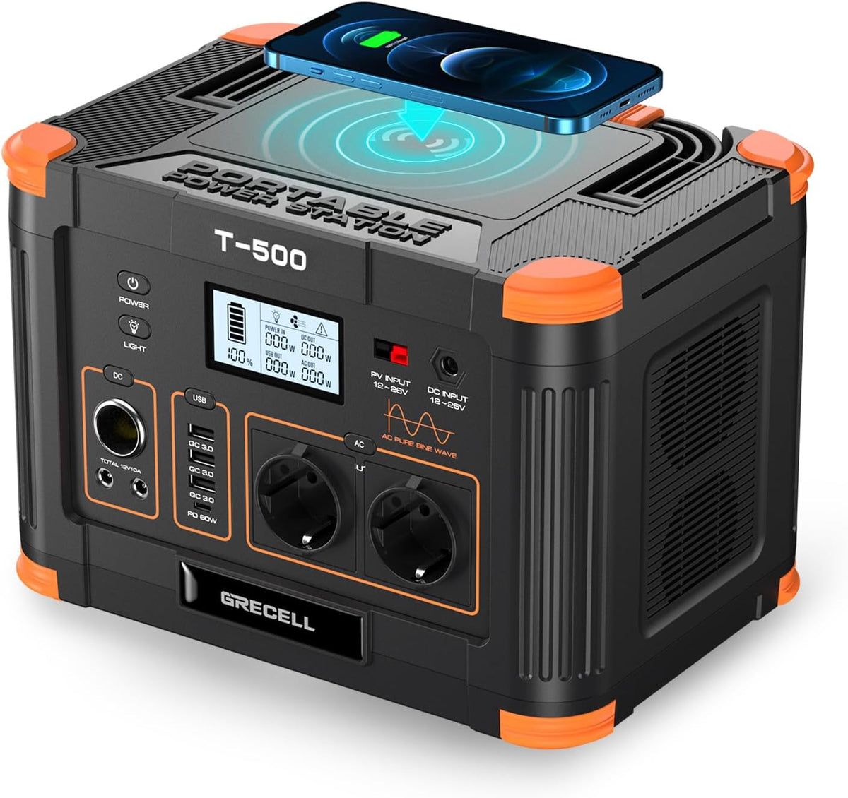 GRECELL T500 Powerstation - 519Wh Solargenerator mit 500W Ausgang - 1000W Spitze und Schnellladung - Geräuschlose Stromversorgung für Camping Wohnmobil Notfall