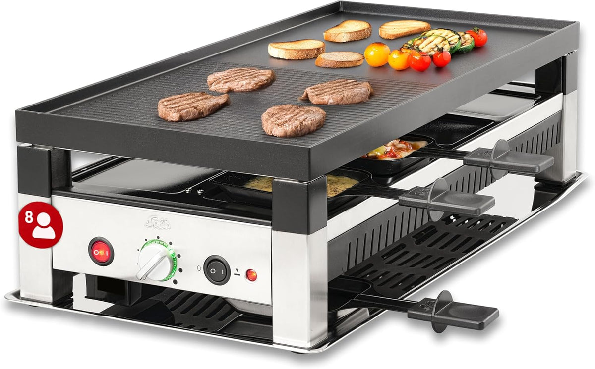 Solis 5 in 1 Tischgrill Edelstahl - 1400 W Elektrogrill mit Raclette und Mini Wok Pfännchen - Temperatursteuerung