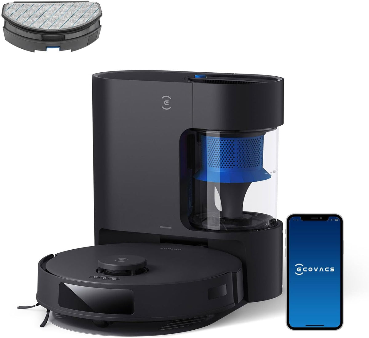 ECOVACS DEEBOT N20 PRO Plus Saugroboter mit Wischfunktion - 8000 Pa Saugkraft - Automatische Entleerungsstation Schwarz