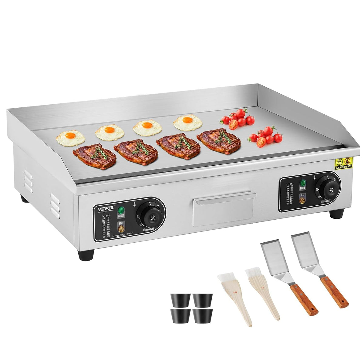 Elektrische Grillplatte 66,3 x 47,5 x 21,9 cm - 4000 Watt Leistung bei 240 Volt - Temperaturregelung 50 bis 300 Grad Celsius - Edelstahl und Gusseisen Silber