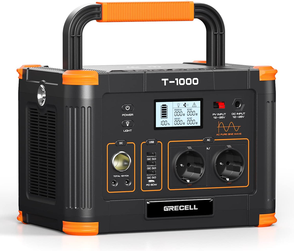 GRECELL T1000 Powerstation - 999Wh Solargenerator mit 1000W Ausgang - 10 Anschlüsse und 2 AC Ausgänge - 60W USB C PD LED Licht für Camping Schwarz Orange
