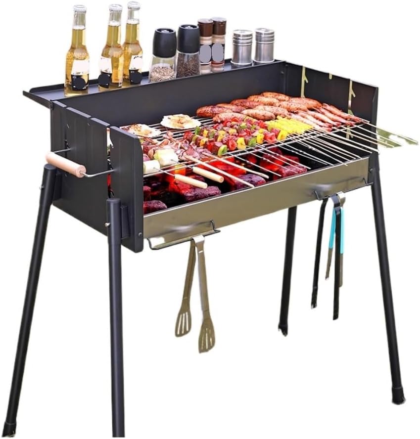 Tragbarer Holzkohlegrill BBQ Grill - Kompakter Außengrill mit Zubehör - Schwarzer Haushaltsgrill für Garten Terrasse und Camping