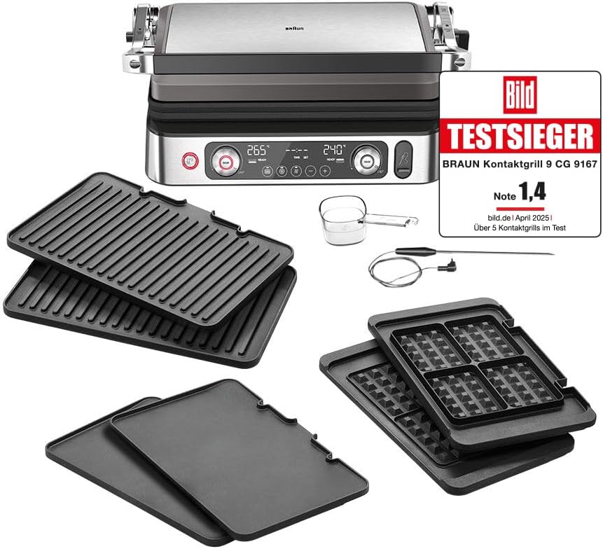 Braun MultiGrill 9 Pro CG 9167 Kontaktgrill 2200 W - Grill Plancha und Waffelplatten - Temperaturfühler und 18 Einstellungen - Boost Funktion bis 265 Grad