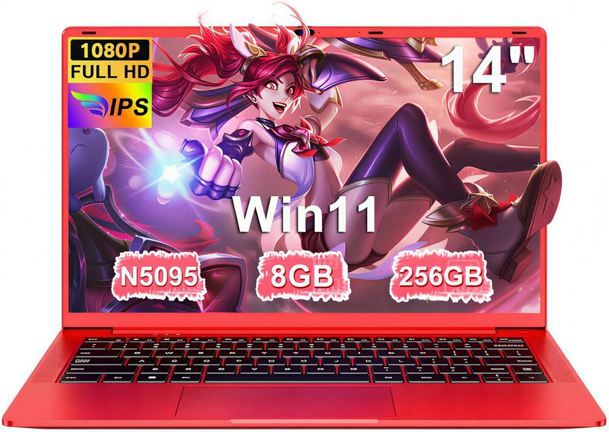 Ruzava 14 Zoll Laptop - FHD IPS Display und Celeron N5095 bis 2,9 GHz - 8 GB RAM und 256 GB SSD erweiterbar bis 1 TB - Windows 11 5G WiFi Rot