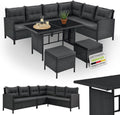 Juskys Polyrattan Gartenlounge Manacor - Bis 7 Personen - Ecksofa Esstisch 2 Hocker Kissen - Schwarz Grau wetterfeste Sitzgruppe