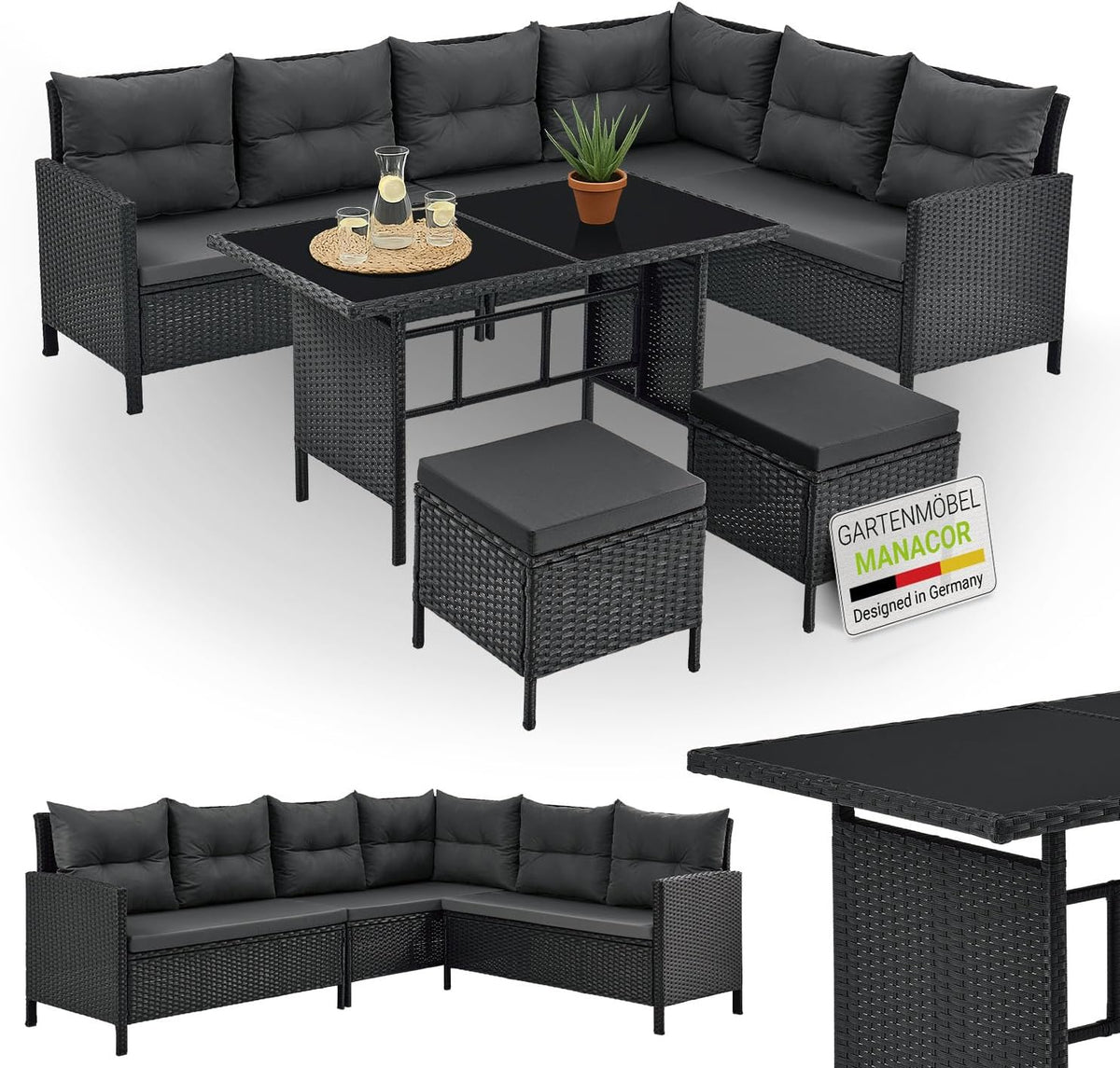 Juskys Polyrattan Gartenlounge Manacor - Bis 7 Personen - Ecksofa Esstisch 2 Hocker Kissen - Schwarz Grau wetterfeste Sitzgruppe