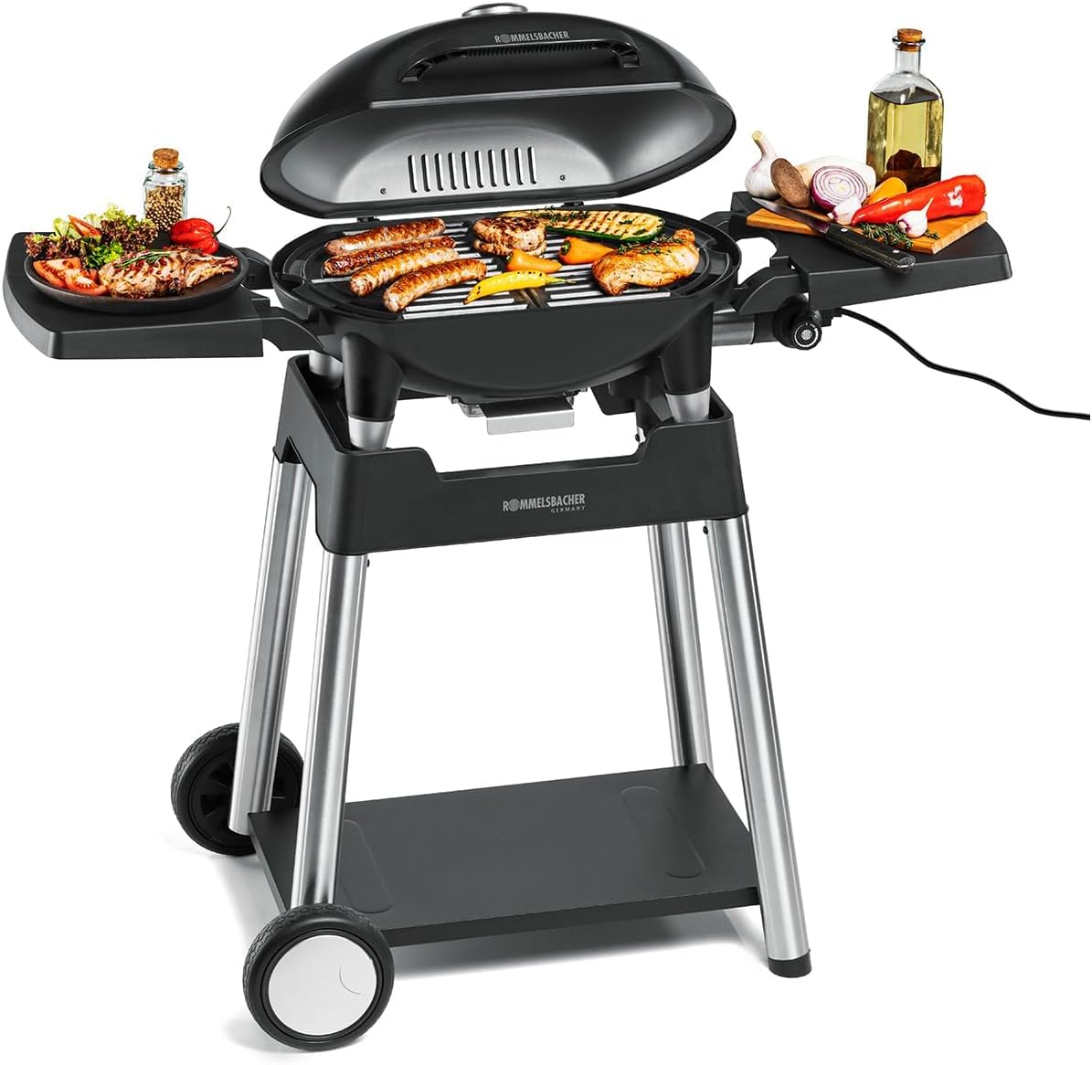 Elektrogrill BBQ 4100 S 116 x 56 x 98 cm - 2200 Watt mit zweiteiligem Gusseisenrost - Scharnierdeckel mit Temperaturanzeige - Grillwagen Schwarz