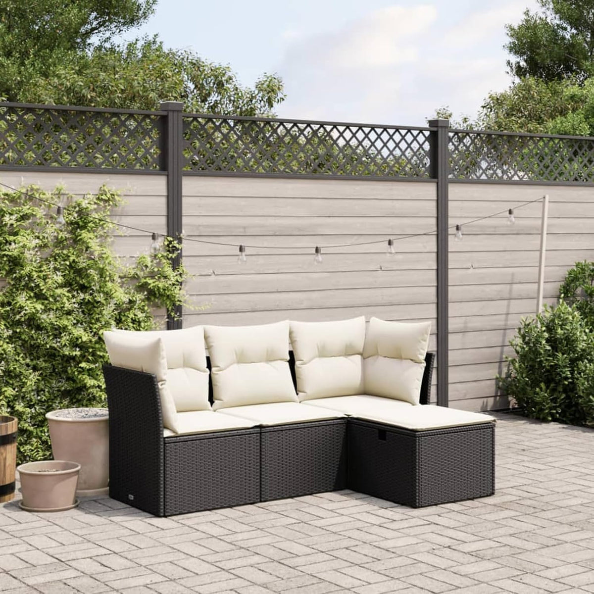IKAYAA Rattan Gartenlounge - 4 teilig für 6 Personen - Stahlrahmen mit Polyester Kissen Schwarz Creme - Ecklounge für Balkon Garten Terrasse