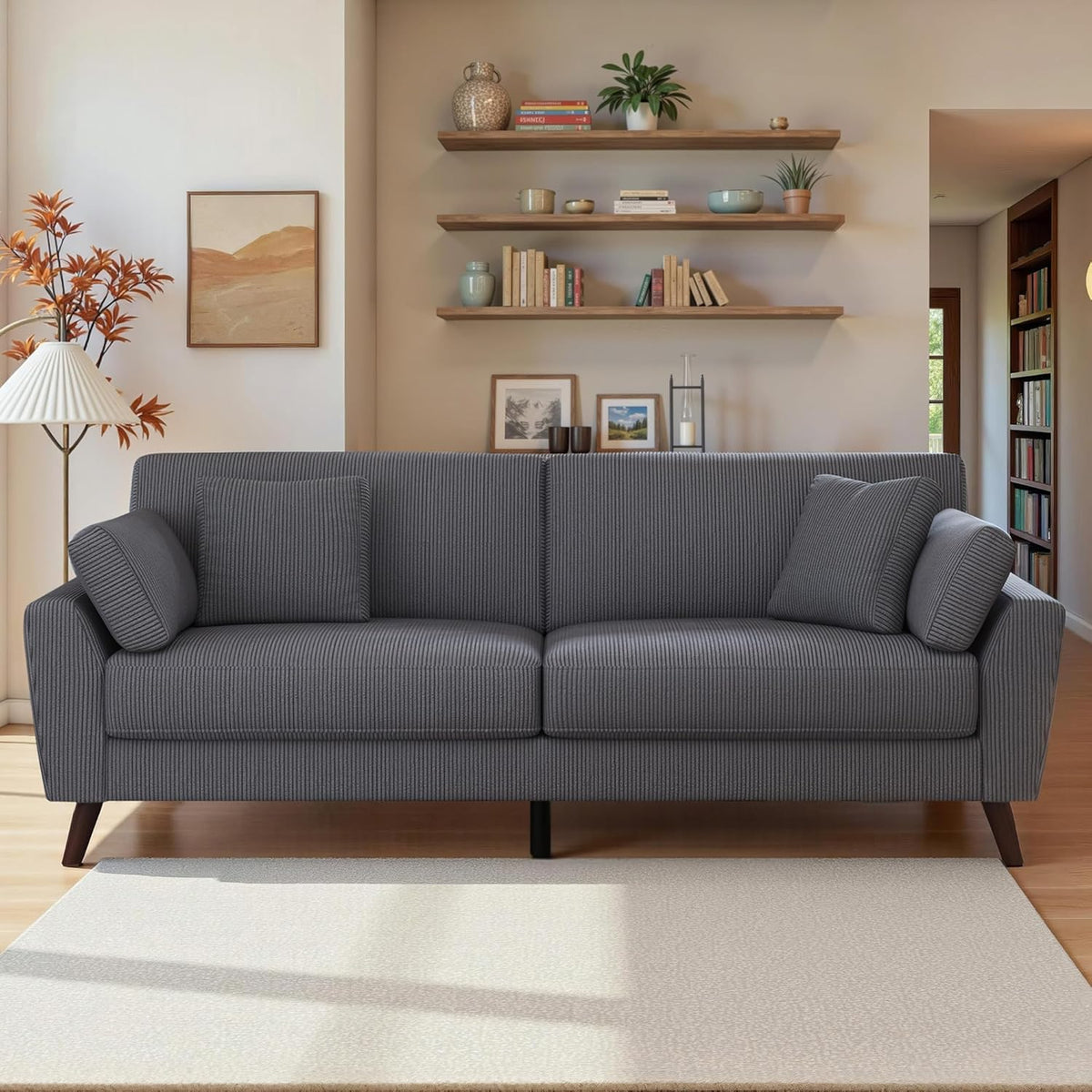 Big Sofa 220 cm 3 Sitzer - Cord Polstersofa mit hoher Beinkonstruktion - 56 cm Sitztiefe bis 450 kg belastbar - Grau
