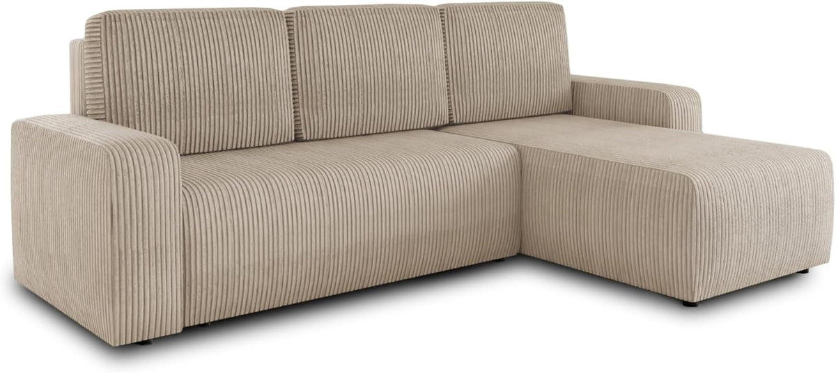 Sofnet Roma L Ecksofa Schlafsofa - 236 x 150 x 90 cm für 5 Personen - Beige Cord Poso 100 mit Bettkasten - Moderne L Form Couch mit Universal Ottomane