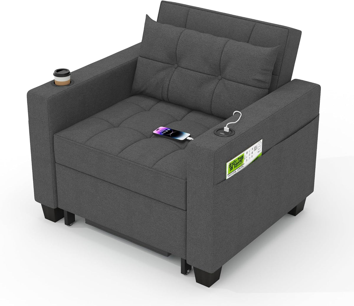 DURASPACE Schlafsessel 3 in 1 - 93 x 79 x 87 cm für 1 Person - Ausziehbares Stuhlbett mit USB Anschlüssen - Dunkelgrau für kleine Räume