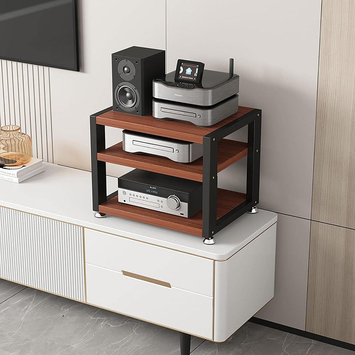 Tragbares Audio Regal 45 x 35 x 48 cm - Kompakter rechteckiger Medienständer - Platzsparendes Multiregal für Wohnzimmer Gaming und Meetings - Schwarz