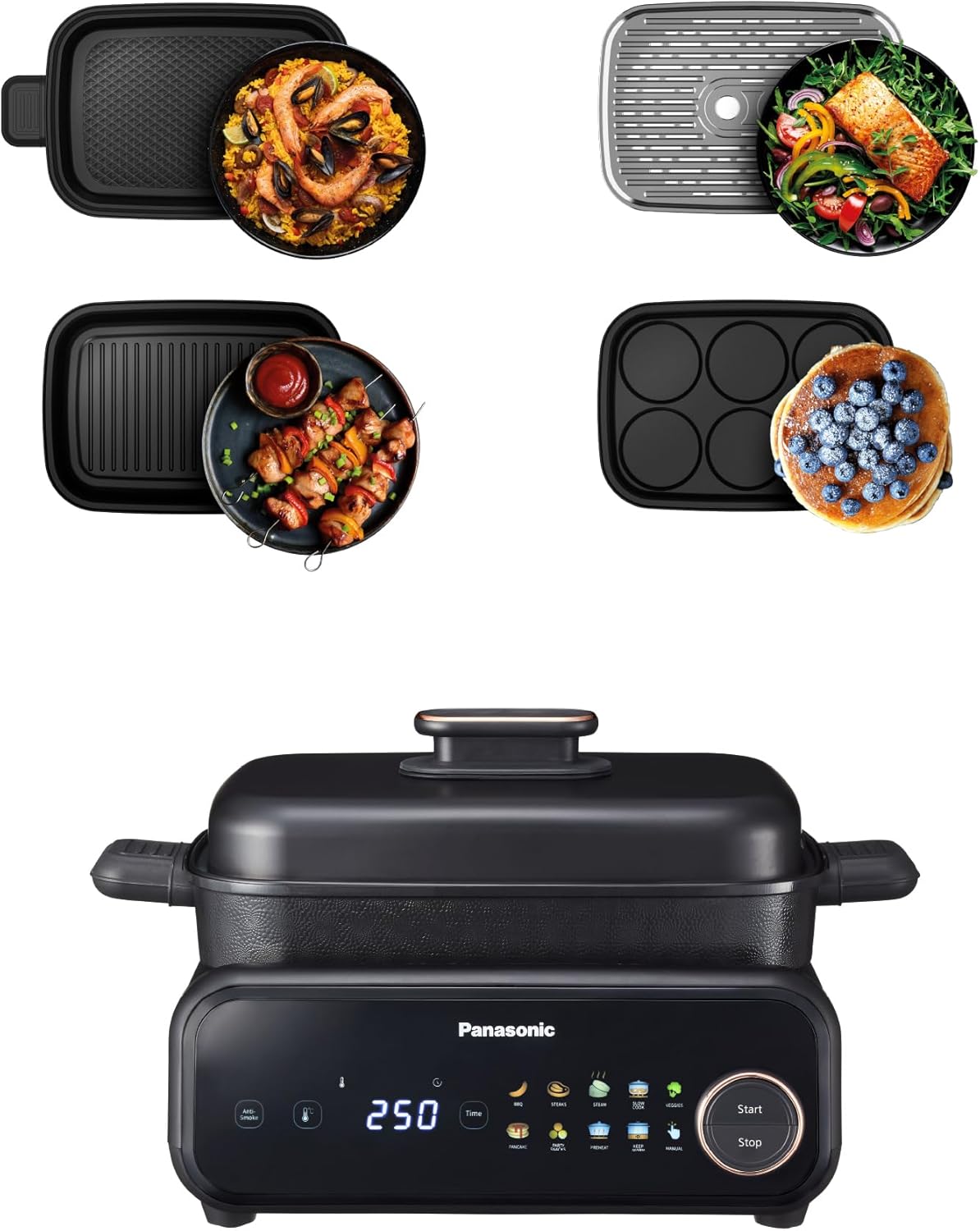 Panasonic NF GM400KXE 4 in 1 Multikocher 1400 W - Grillen Braten Dämpfen und Sautieren - 9 Automatikmodi und 40 bis 250 Grad - 4 Antihaftplatten mit Rauchabsaugung Schwarz