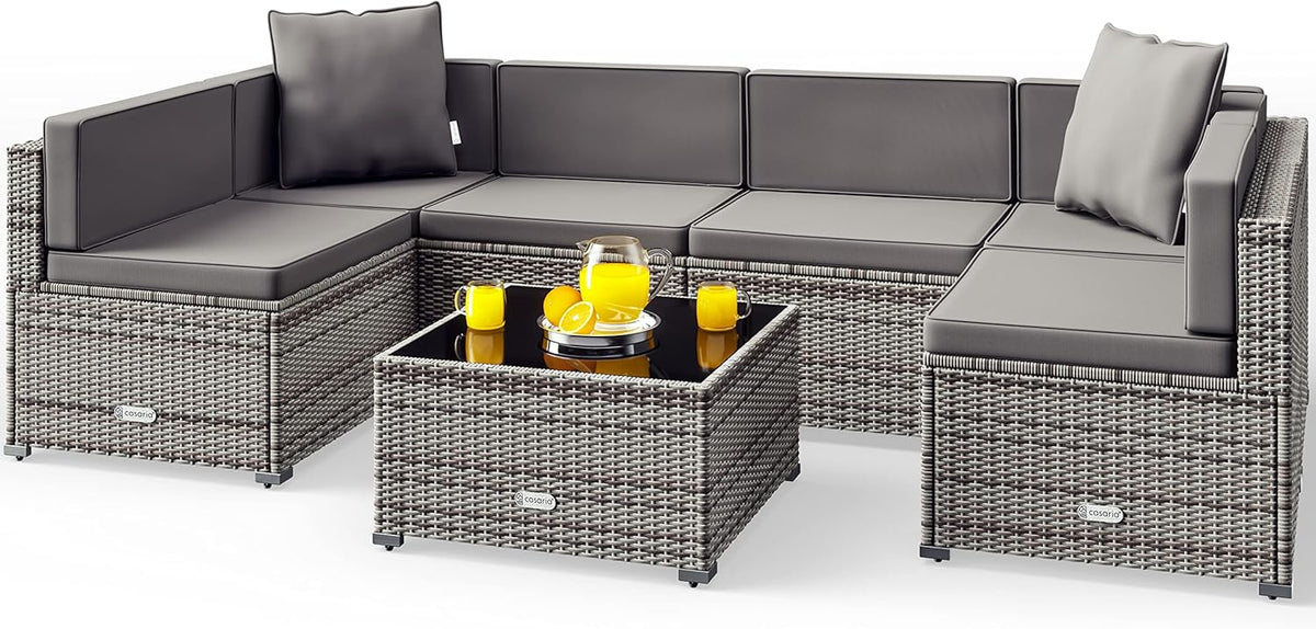 Casaria Polyrattan Gartenlounge - Für 5 Personen mit Ecksofa und Tisch - Sicherheitsglas und Sitzkissen - Grau Anthrazit wetterfest für Terrasse Balkon
