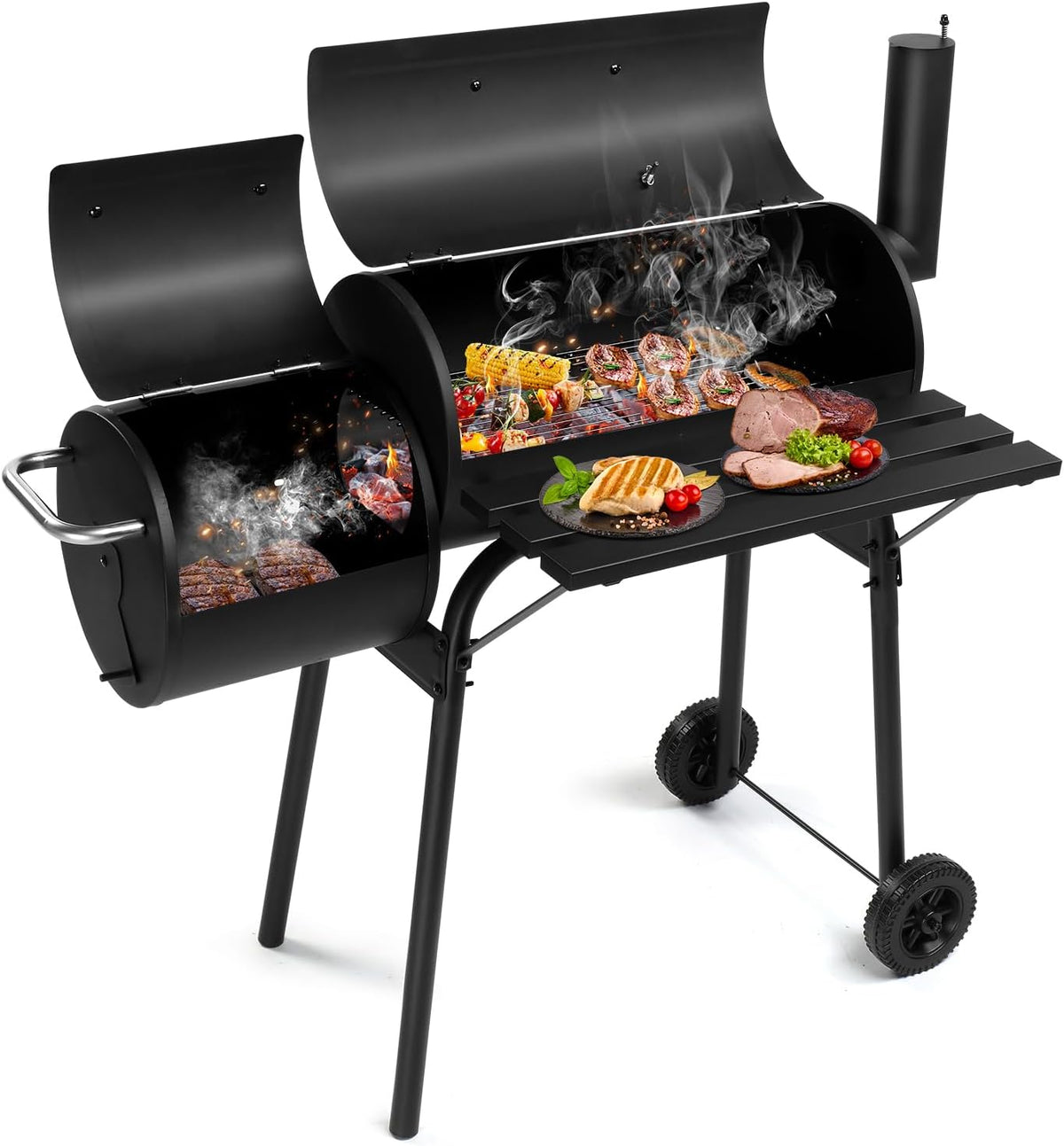 Holzkohlegrill mit Offset Smoker für 6 bis 10 Personen - zwei Grillkammern und doppelte Grillroste - Thermometer und Transportrollen - pulverbeschichtetes Eisen für Garten Terrasse