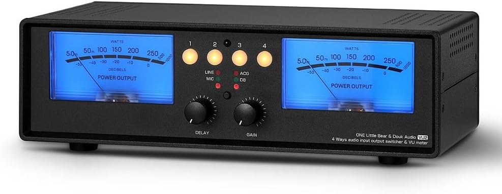 Analoges VU Meter für Stereo Audio - Cinch Eingang und 4K Schallpegelanzeige - Splitter Schalterbox mit Fernbedienung - USB betrieben mit blauer Beleuchtung