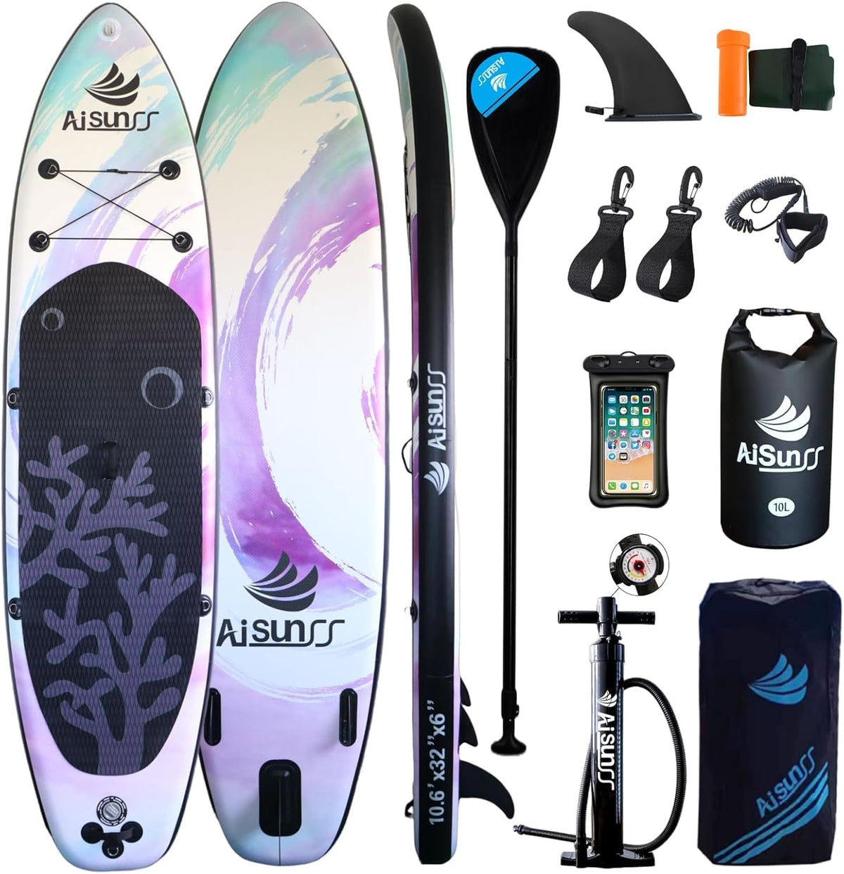 Stand Up Paddle Board aufblasbar - SUP aus PVC in Lila Koralle - breites stabiles Design mit rutschfestem Deck - inklusive 10 L Dry Bag und Zubehör