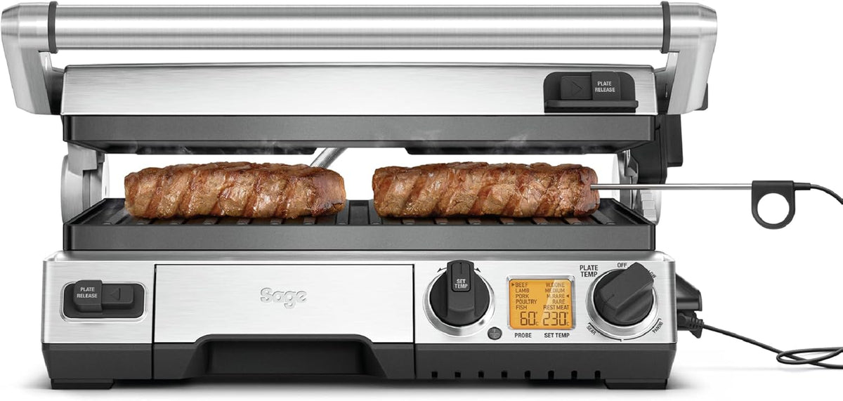 Sage The Smart Grill Pro Kontaktgrill 2400 W - Temperaturfühler für präzises Grillen - Abnehmbare Grillplatten - Gebürsteter Edelstahl für Innen und Außen
