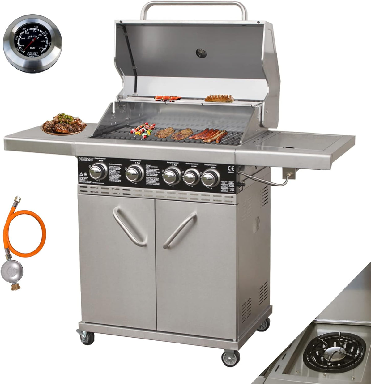 Chef 4 Gasgrill Edelstahl Grillstation - Grillwagen mit feststellbaren Rollen - Gasgrill für Außenbereich