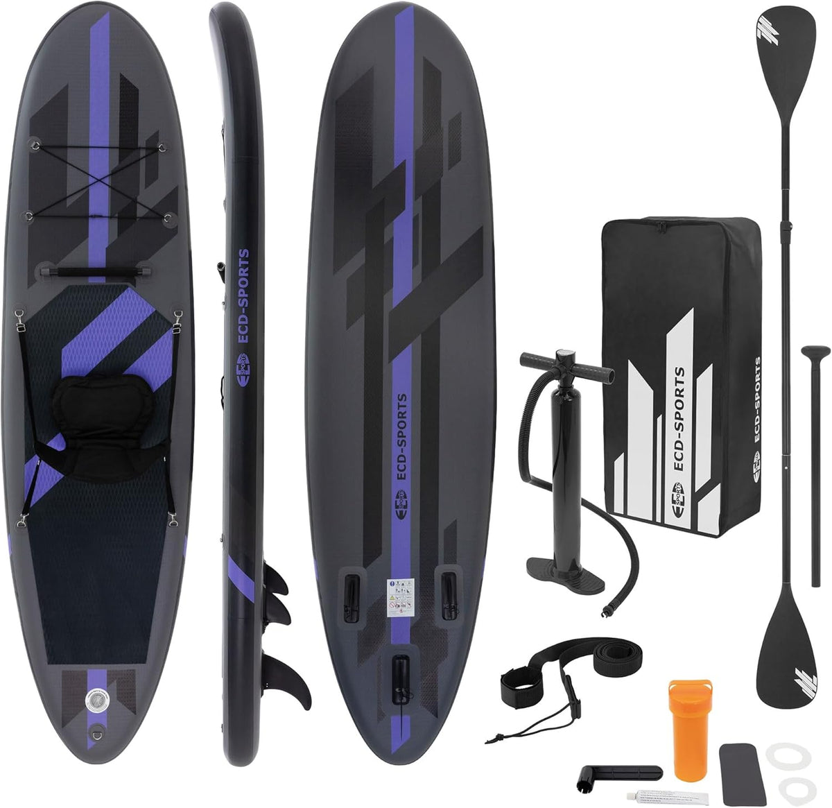 Stand Up Paddle Board aufblasbar - PVC Konstruktion mit EVA Anti Rutsch Belag - Kajak Ausführung in Schwarz - SUP Set mit Paddel Transporttasche und Luftpumpe